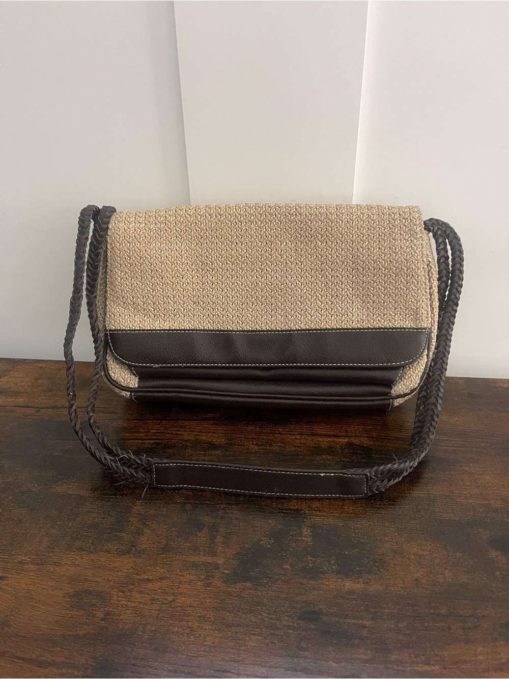 Liz Claiborne Beige Woven Crossbody with Dark Brown Trim